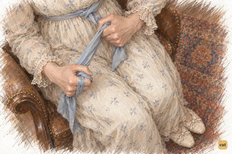 Mrs. Bennet tempers her words with caution while her hands betray her certainty of Jane’s triumph.