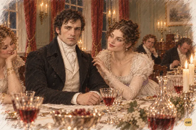 Caroline leans toward Darcy, pleased with his brief agreement.
