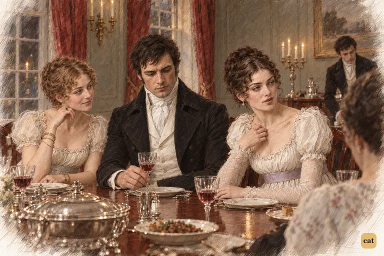 Caroline Bingley and Louisa Hurst feign sympathy for Jane while turning to Darcy