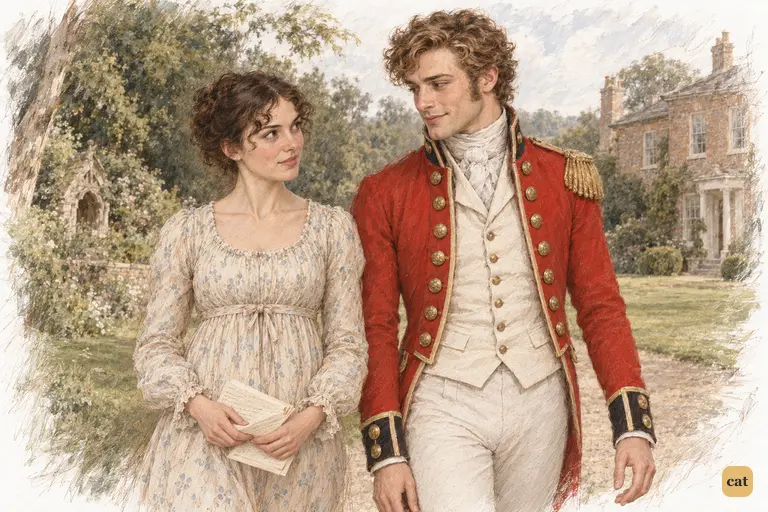 Elizabeth answers Wickham with a composed smile as they walk towards Longbourn.