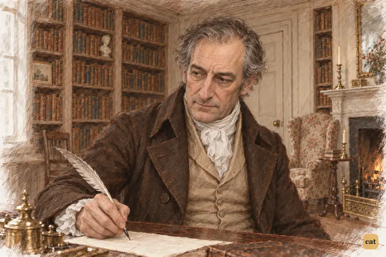 Mr. Bennet pauses over his consent letter, his familiar irony briefly turning upon himself.