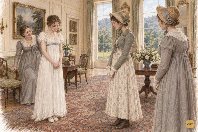 Georgiana rises shyly to welcome Elizabeth and Mrs. Gardiner