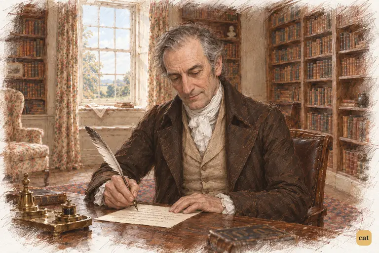 Mr. Bennet pauses over his completed reply to Mr. Collins, savouring its final barb.