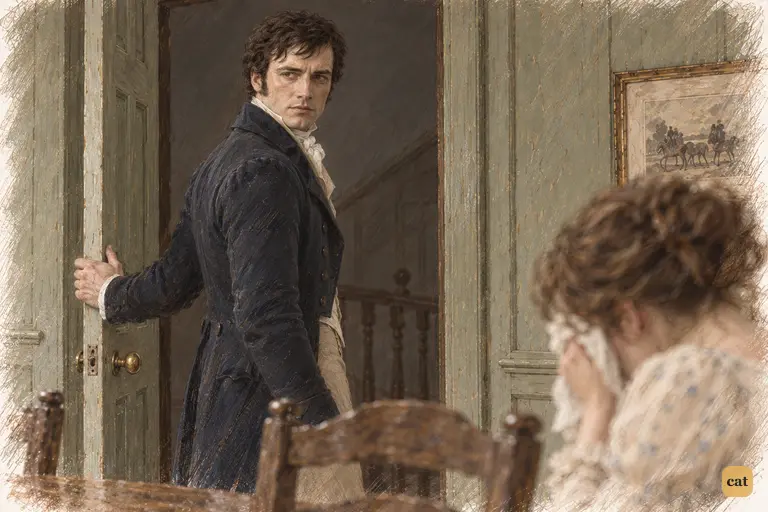 Darcy pauses at the doorway and turns one grave look toward Elizabeth.