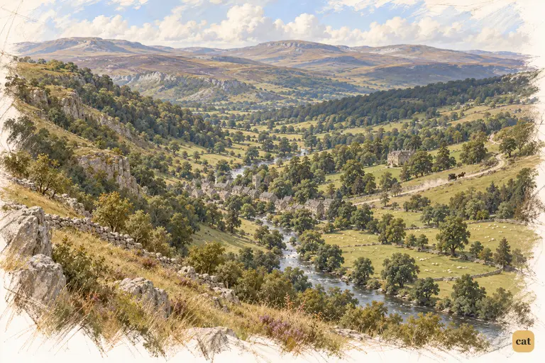 A tiny travelling chaise crosses a sunlit Derbyshire dale toward distant hills