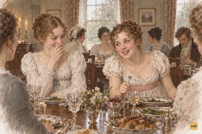 Lydia leans across the dinner table to share the morning’s adventures with Mary.