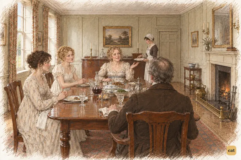 Mrs. Bennet presides over dinner, delighted by Lydia’s approaching marriage