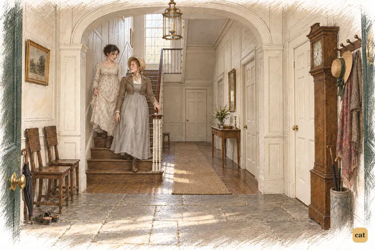Charlotte asks Elizabeth to write often as they descend the stairs at Longbourn.