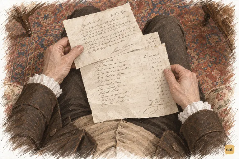 Mr. Bennet holds Gardiner’s signed letter above the long account of Wickham’s creditors.
