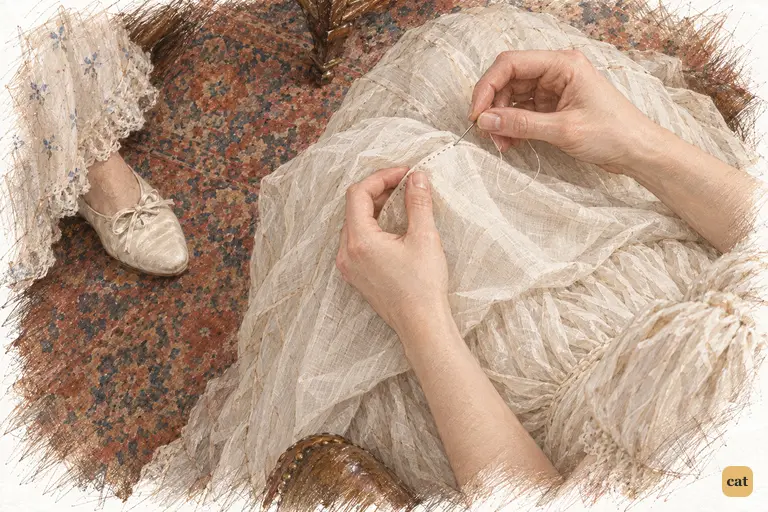 Jane maintains an even stitch while enduring her mother’s repeated pressure.