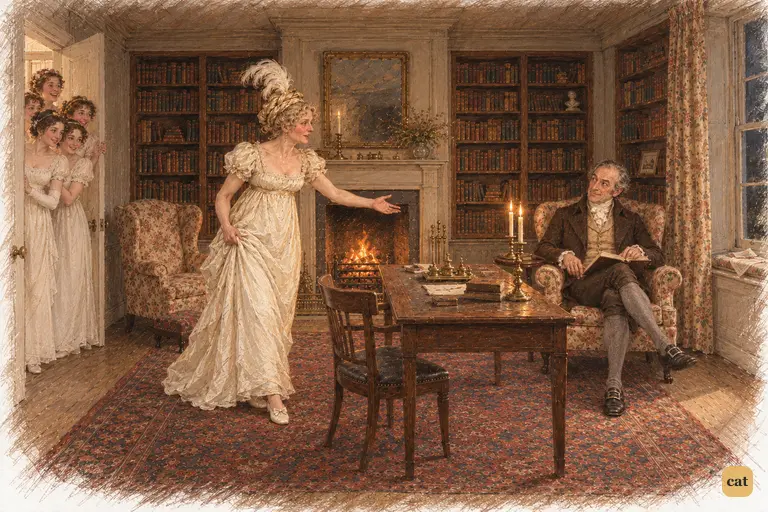Mr. Bennet looks up from his book as Mrs. Bennet sweeps into the library