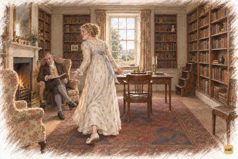 Mrs. Bennet bursts into the quiet library, urgently calling for her husband.