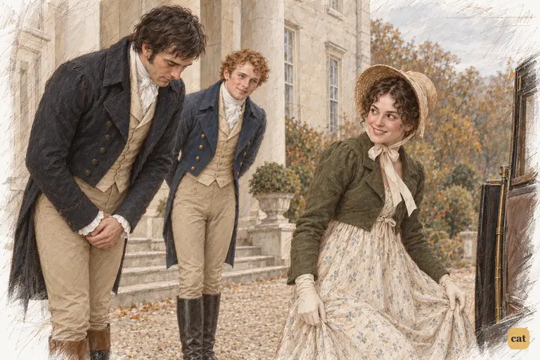 Elizabeth makes a buoyant farewell beside the waiting carriage.