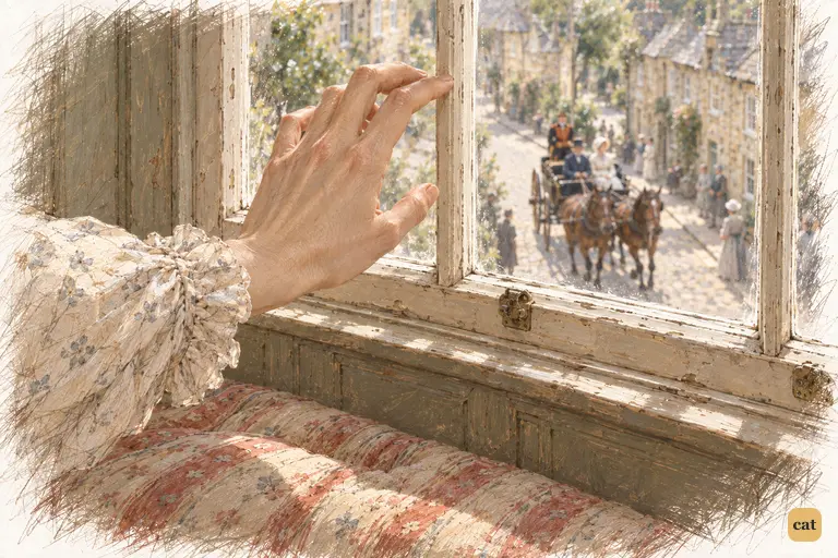 Elizabeth’s last fingertip brushes the sash as she hastily withdraws into the room.