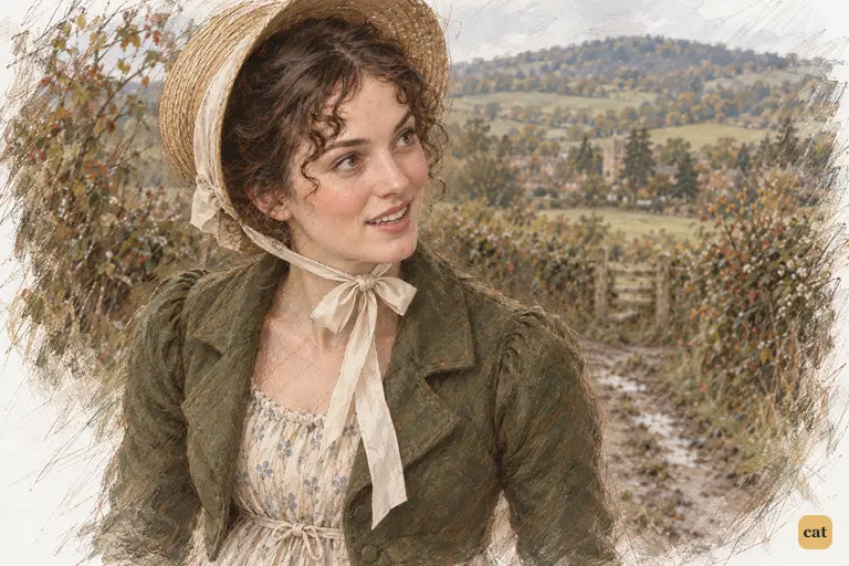 Elizabeth turns toward Darcy as they walk, offering her philosophy with a small, affectionate smile.