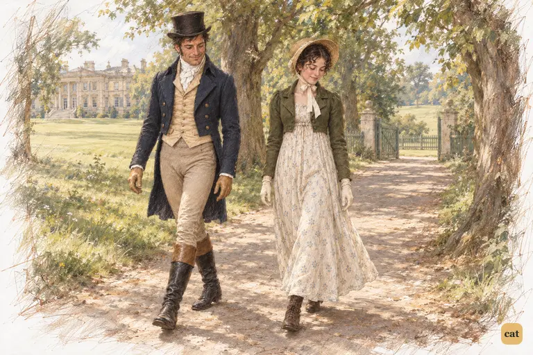 Elizabeth and Colonel Fitzwilliam walk on towards the Parsonage in a delicate silence