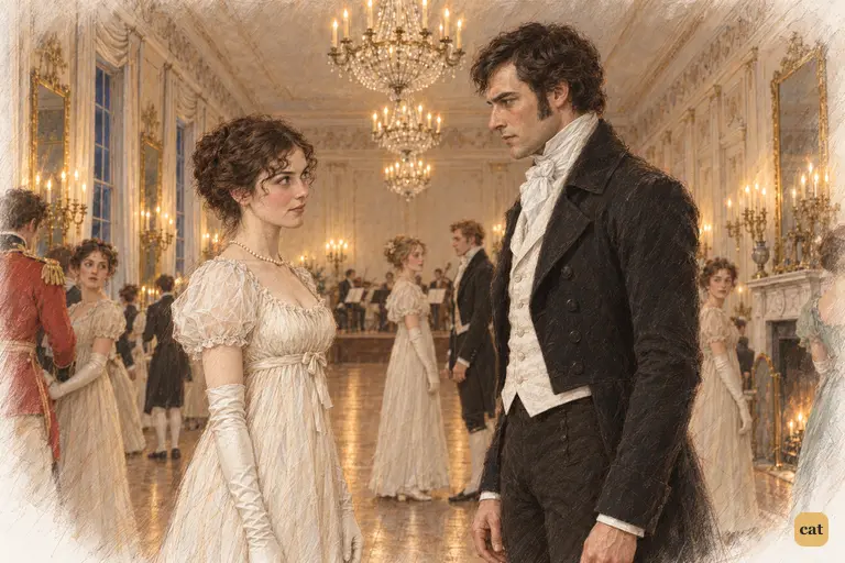 Elizabeth takes her place opposite Darcy, catching a neighbour’s astonished glance.