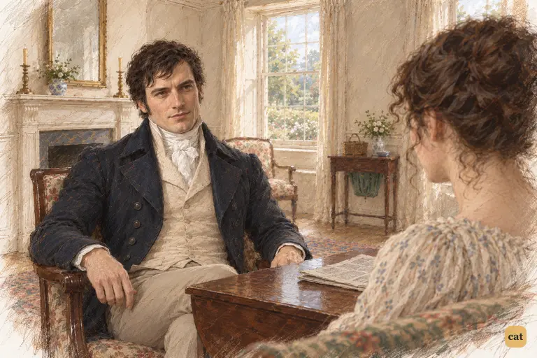 Darcy’s reserve softens into a faint, private smile as he teases Elizabeth about Hertfordshire.