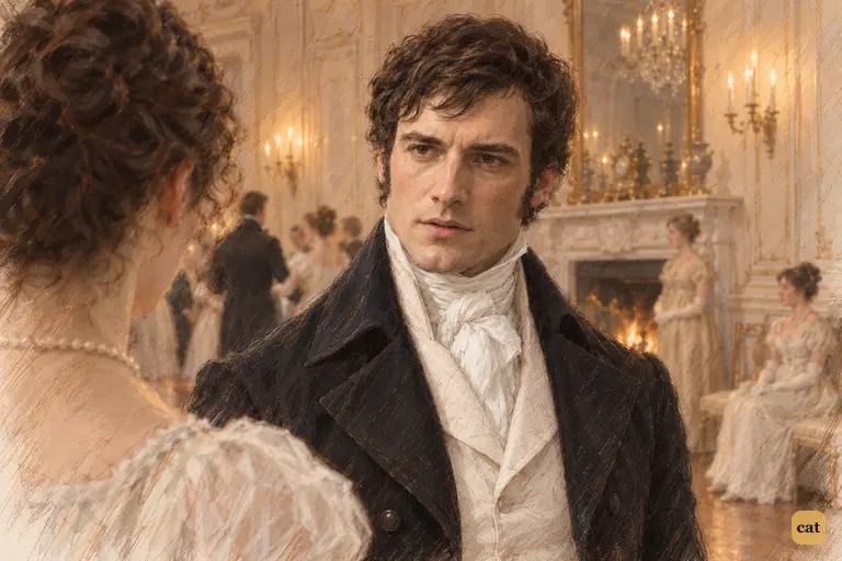 Darcy firmly answers Elizabeth's scrutiny, his steady gaze holding hers across the set