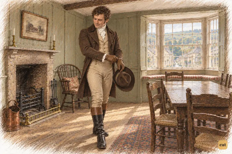 Mr. Gardiner tugs on his glove by the inn’s hearth, ready to go fishing at Pemberley