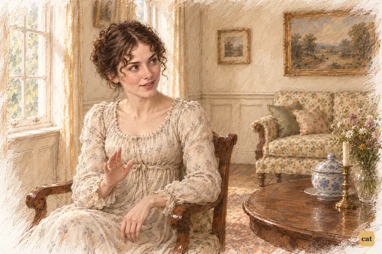 Elizabeth catches the playful flaw in her own reasoning, lifting a small checking palm toward Darcy.