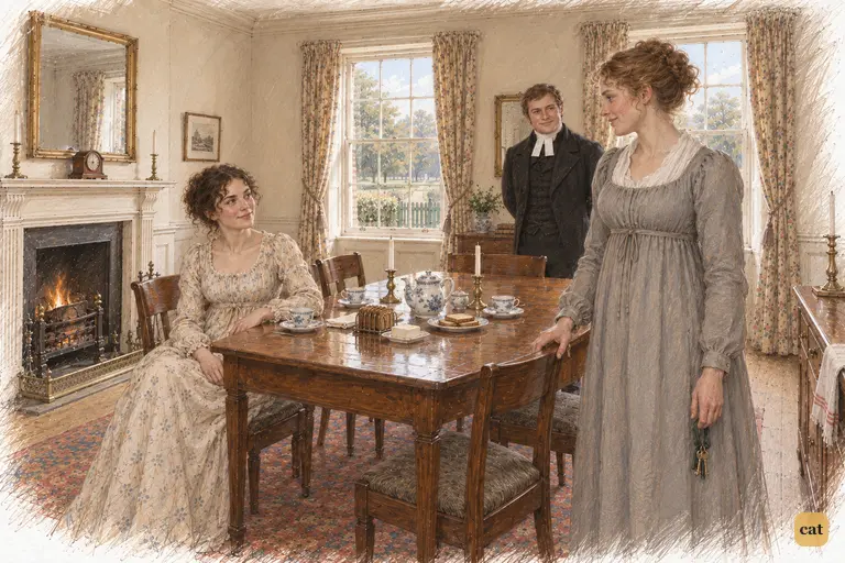 Charlotte’s entrance interrupts Mr. Collins’s account of their marital happiness.