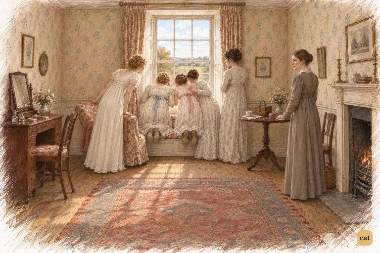 Mrs. Bennet and her five daughters crowd an upstairs window, watching Mr. Bingley arrive
