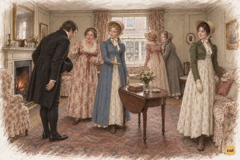 Mrs. Philips stops chattering as Jane introduces Mr. Collins, who bows elaborately