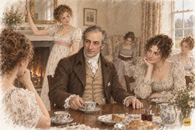 Mr. Bennet lowers his cup and quietly deflates his wife's certainty.