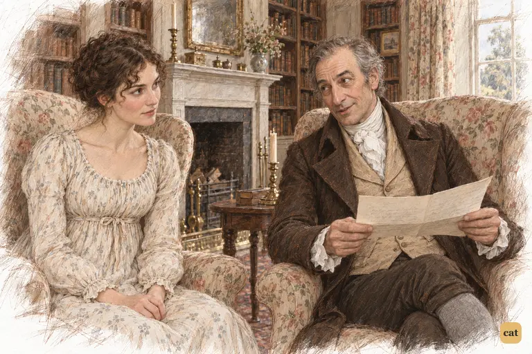 Mr. Bennet reveals that the letter is from Mr. Collins, checking Elizabeth’s private hope.