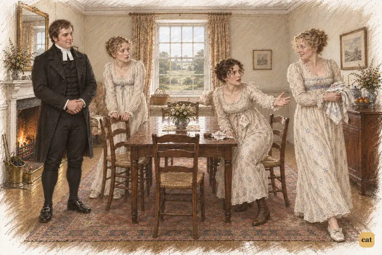 Elizabeth appeals to her mother as Mrs. Bennet gathers her work and starts toward the door.