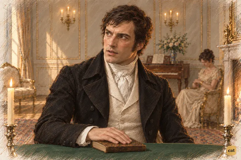Darcy answers Elizabeth with grave conviction, his hand resting calmly on his closed book.