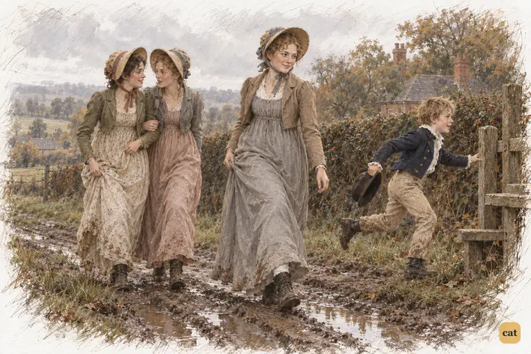 After the ball, Charlotte Lucas leads her sisters across damp fields to Longbourn