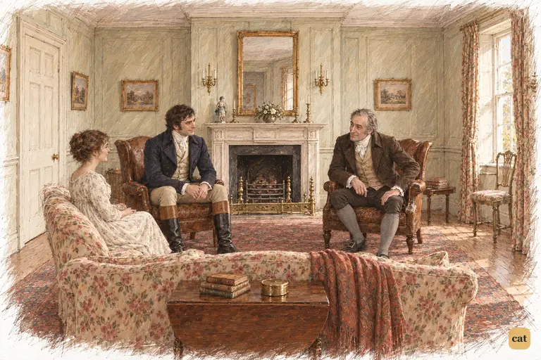 Mr. Bennet gives Darcy his attentive regard beside the familiar hearth.