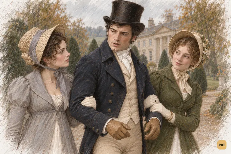 Darcy checks his step and turns back toward Elizabeth, proposing the wider avenue.
