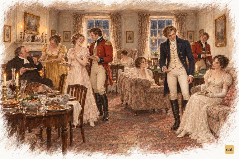 Wickham bows to Jane and Catherine while Elizabeth watches from her seat.