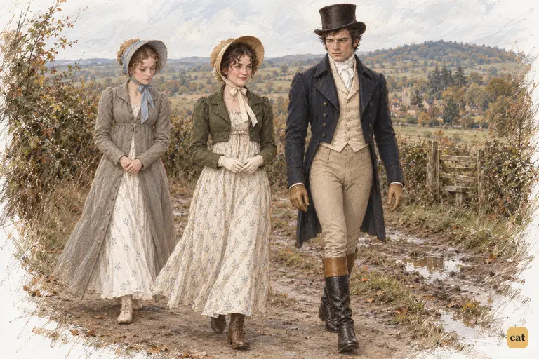 Elizabeth gathers courage to speak as she walks with Darcy, Kitty close at her side