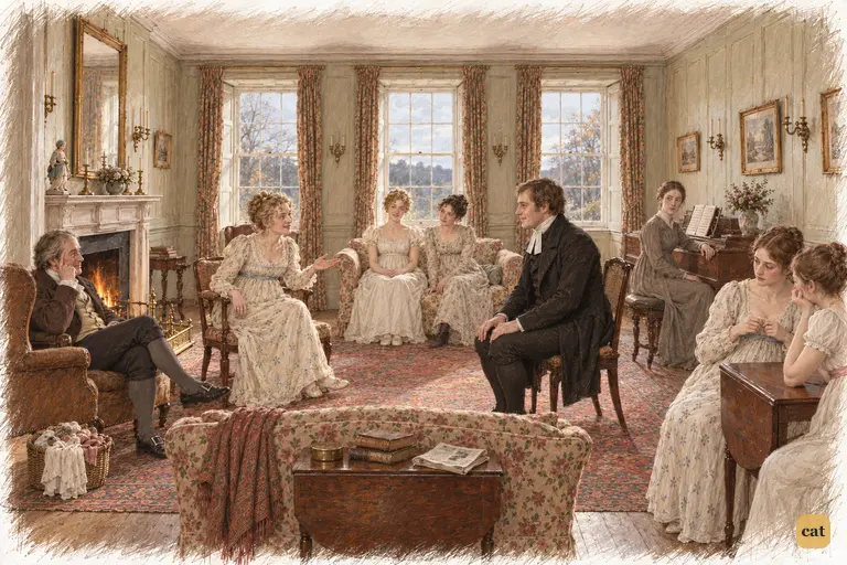 Mr. Collins delivers his first formal courtesies in the fading light of Longbourn’s drawing-room.