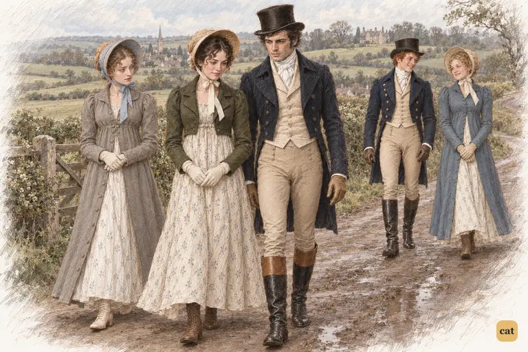 Elizabeth, Darcy and Kitty lead the walk along a country lane.