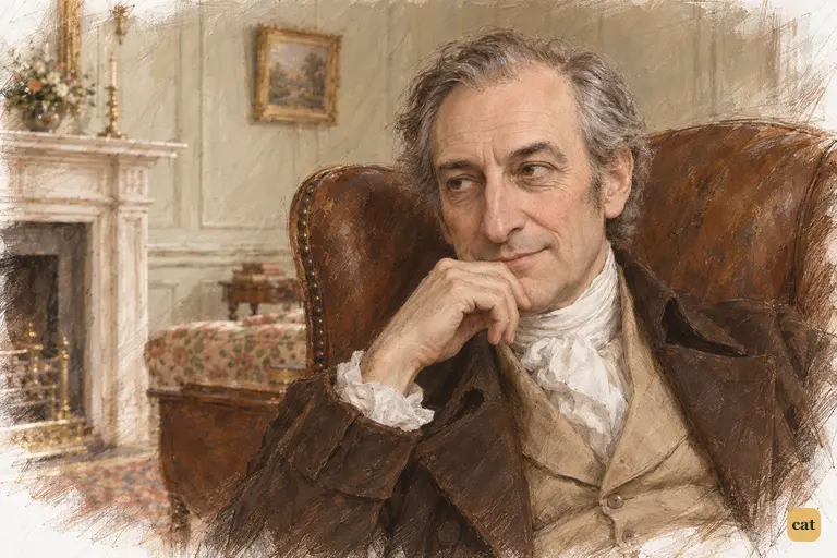Mr. Bennet rests his chin on his hand beside the fire, quietly gratified by Charlotte’s engagement.