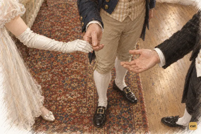 Elizabeth slips her hand from Sir William’s grasp at the instant he offers it to Darcy.