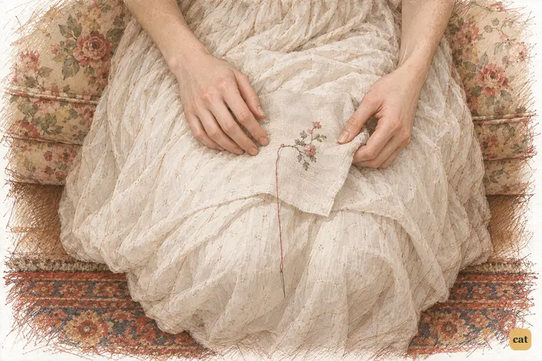 Jane’s hands rest on embroidery that has gained only a few stitches.
