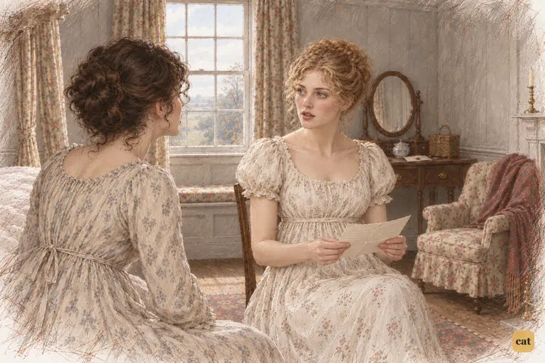 Elizabeth challenges Caroline’s intentions with a quick, pointed reply.