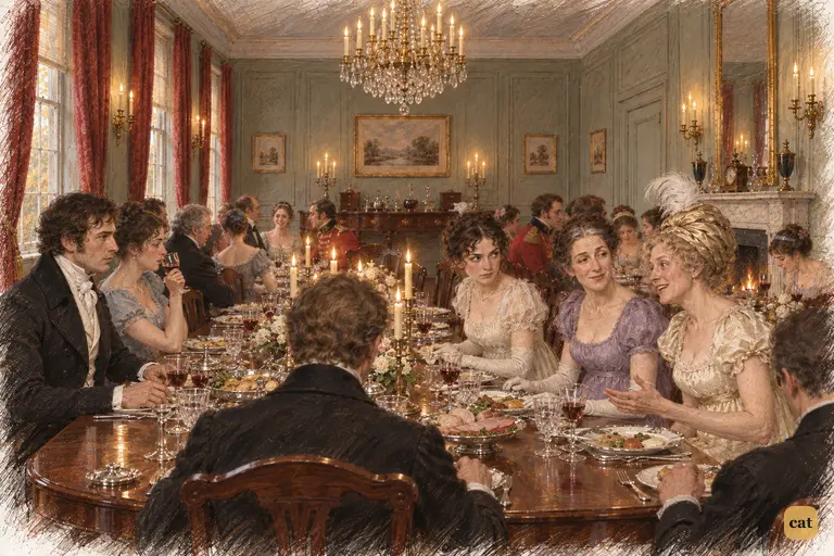 Lady Lucas alone separates Elizabeth from Mrs. Bennet, whose triumphant talk reaches Darcy