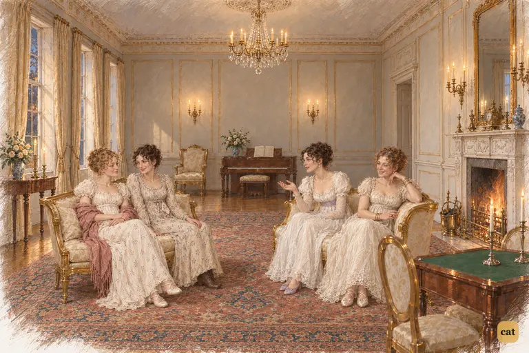 Caroline’s animated story and Louisa’s laughter welcome Jane into the candlelit drawing-room.