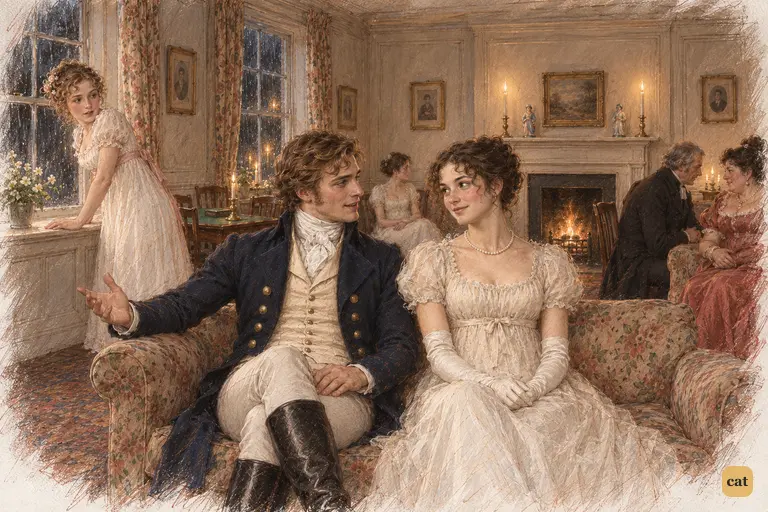 Wickham settles beside Elizabeth and makes the rainy evening sound unexpectedly interesting.