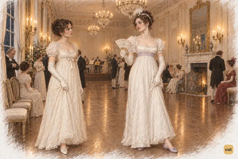 Caroline Bingley delivers her patronising warning beside the ballroom chairs.