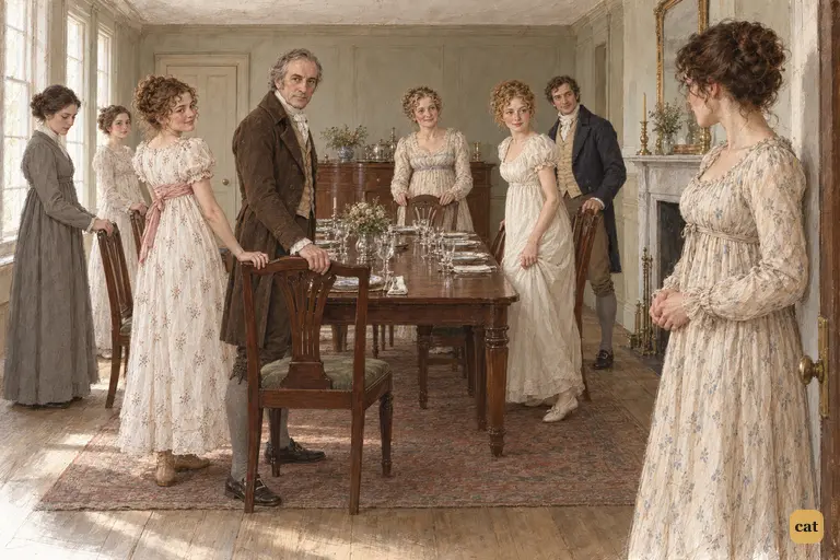 Elizabeth pauses at the dining-parlour threshold as Lydia claims the chair beside Mrs. Bennet.
