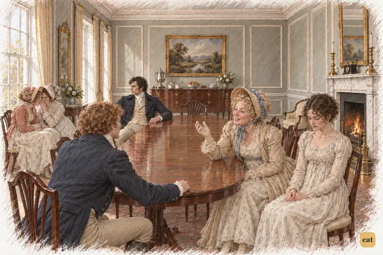 Mrs. Bennet aims a triumphant remark at Darcy, who has turned toward the windows