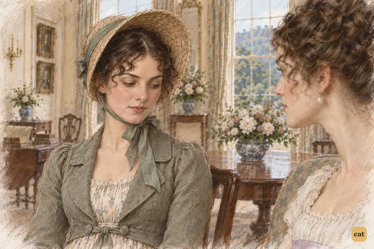 Elizabeth maintains a composed silence beneath Caroline Bingley’s jealous scrutiny.